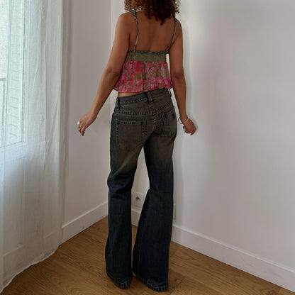 Vintage Sage Green Pink Floral Lace Mesh Tie Front Cami Top Y2K (M)
