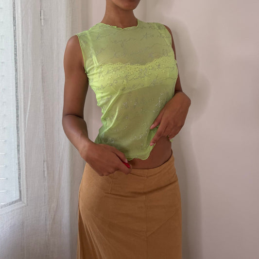 Italian vintage 00s lime green sheer mesh top with silver glitter script