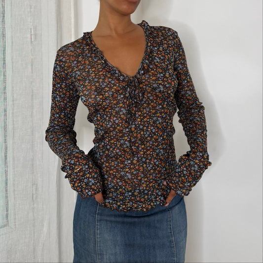 Vintage Black Orange Blue Ditsy Floral Print Semi Sheer Mesh Long Sleeve Top