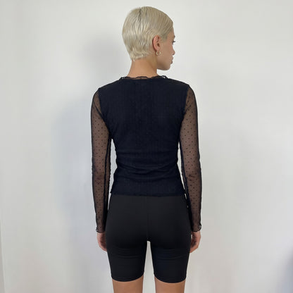 Vintage Italian Black Polka Dot Mesh Top Sheer Cotton Y2K Long Sleeve (S)