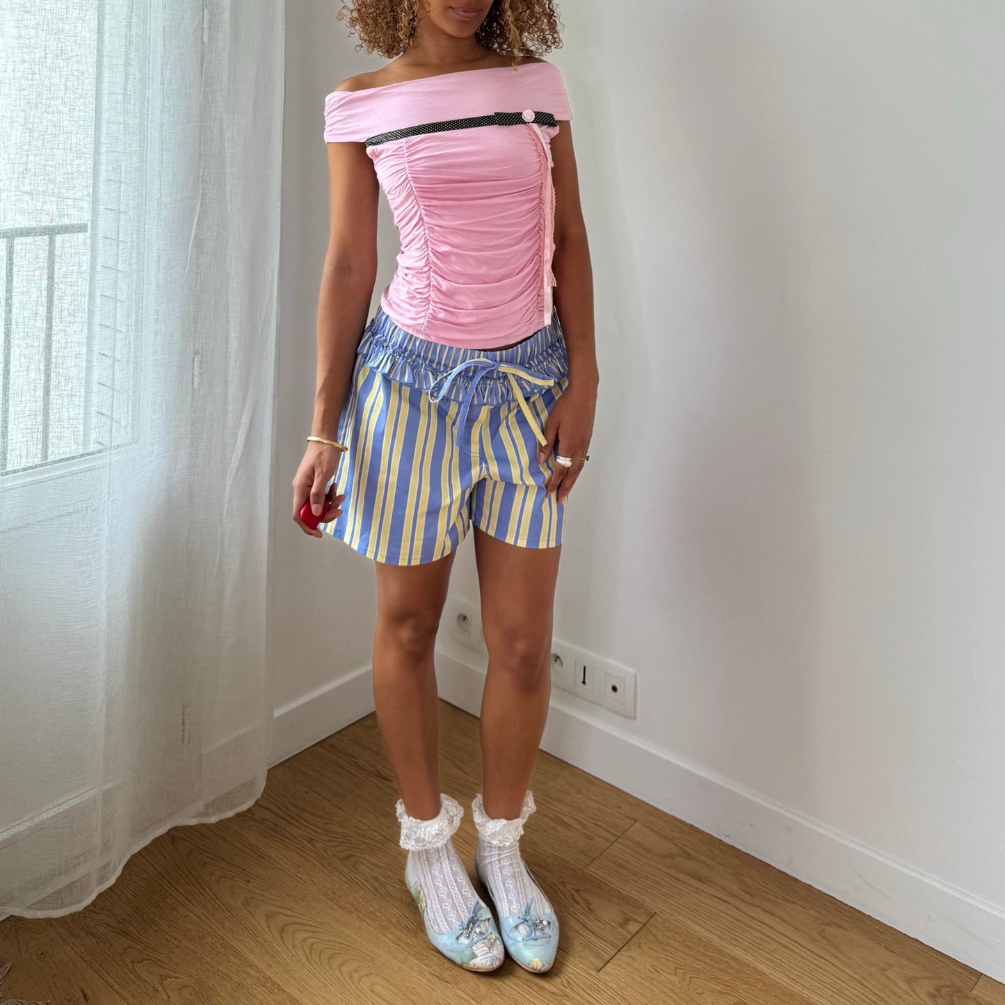 Vintage Pink Ruched Off Shoulder Top Slinky French Y2K (S)