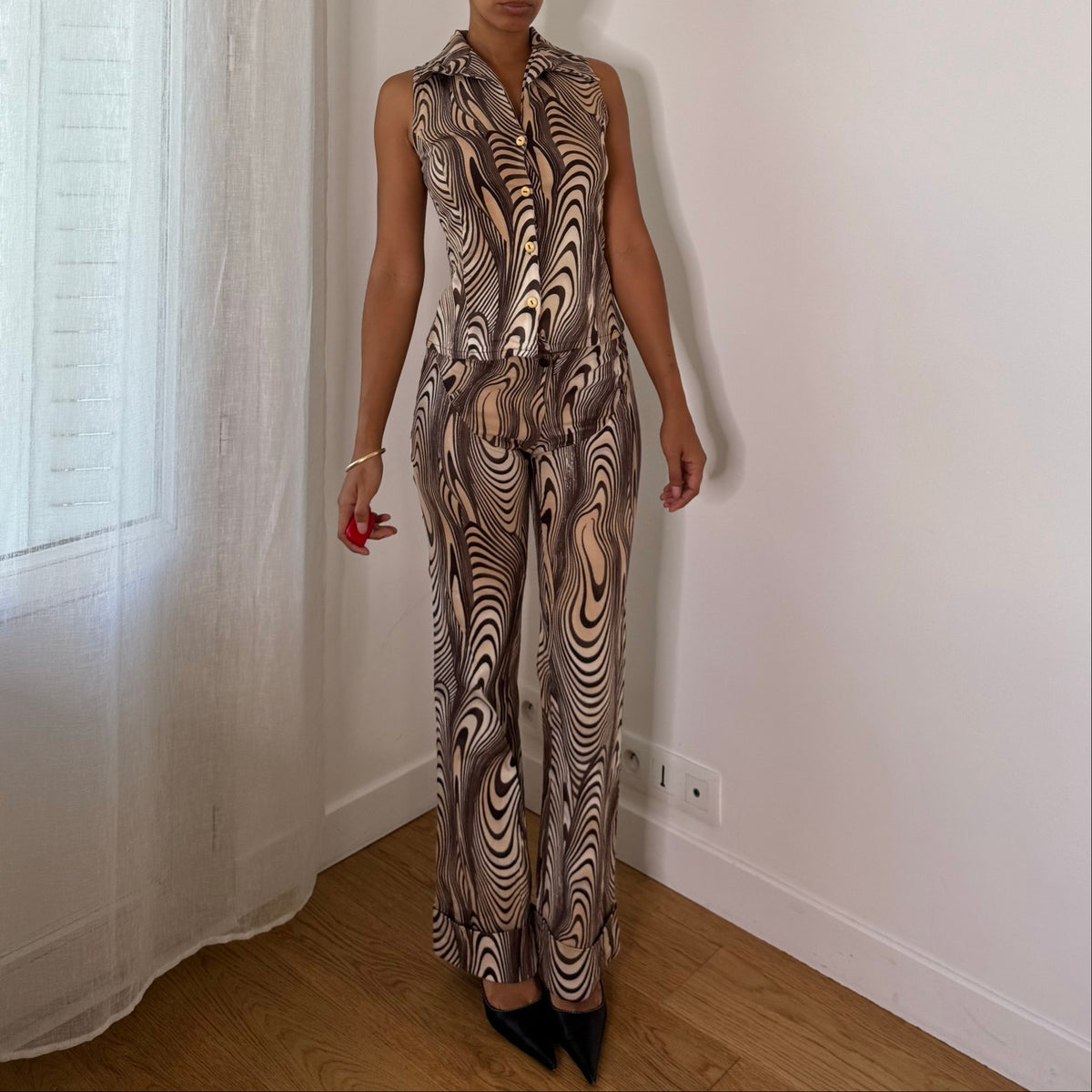 Italian Vintage Beige Brown Psychedelic Swirl Print 2 Piece Vest & Flared Pants Set