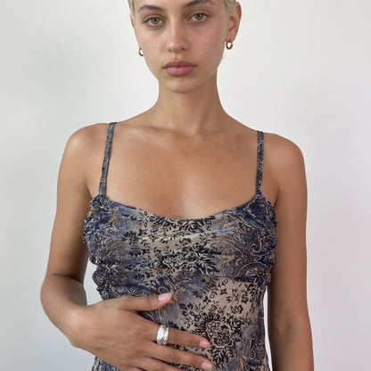 Vintage Blue Beige Paisley Mesh Cami Top Floral Handkerchief Hem Y2K (S)