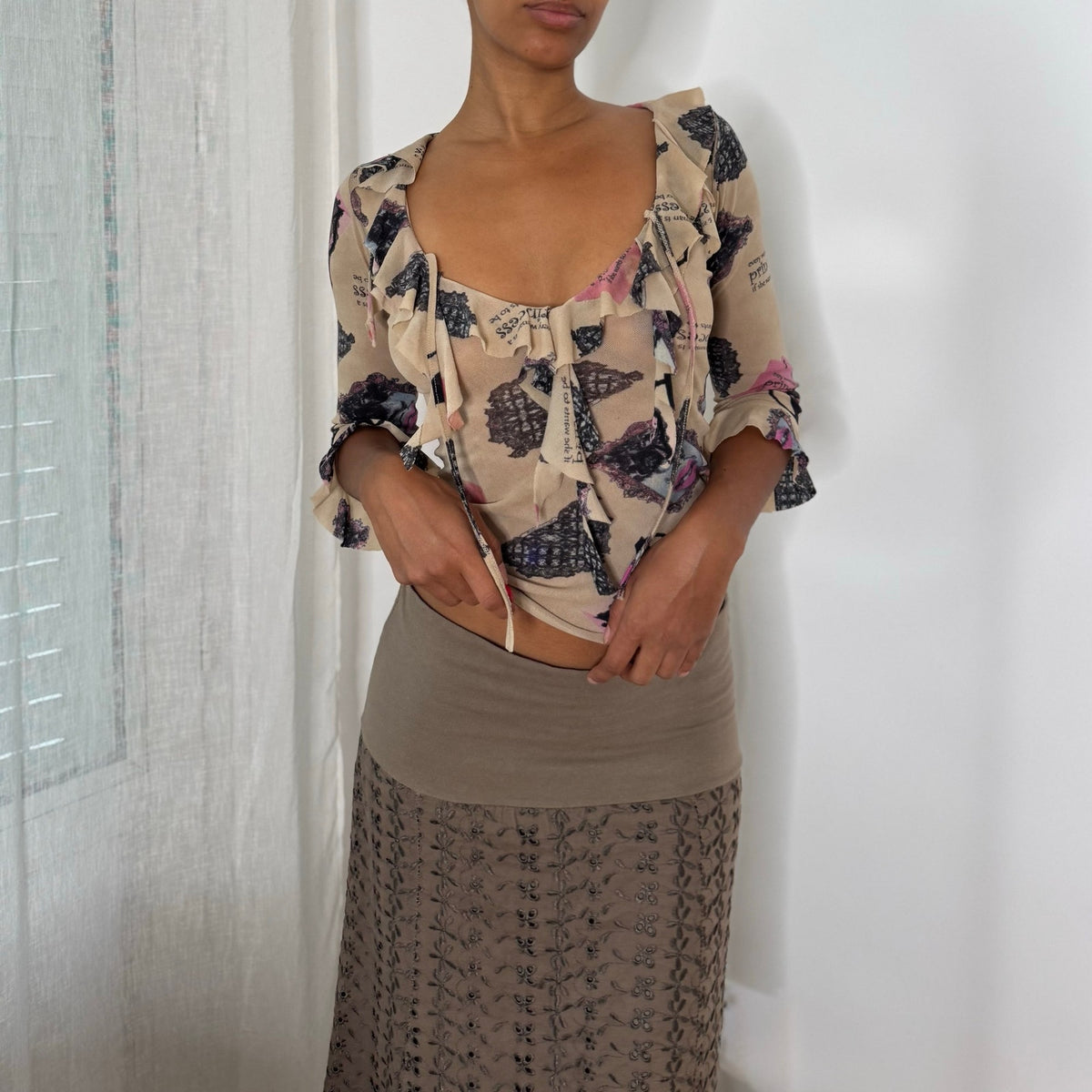 Italian Vintage Layered Graphic Mesh Top