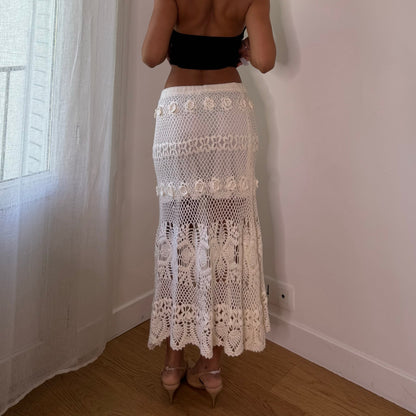 Vintage White Crochet Knit Maxi Skirt Italian Boho Y2K (S)
