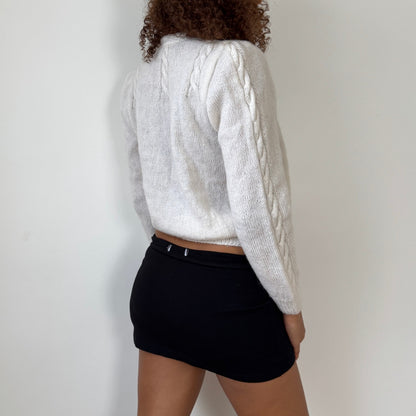 Vintage 80s Italian white cable-knit button-front cardigan with pearl buttons (Medium)