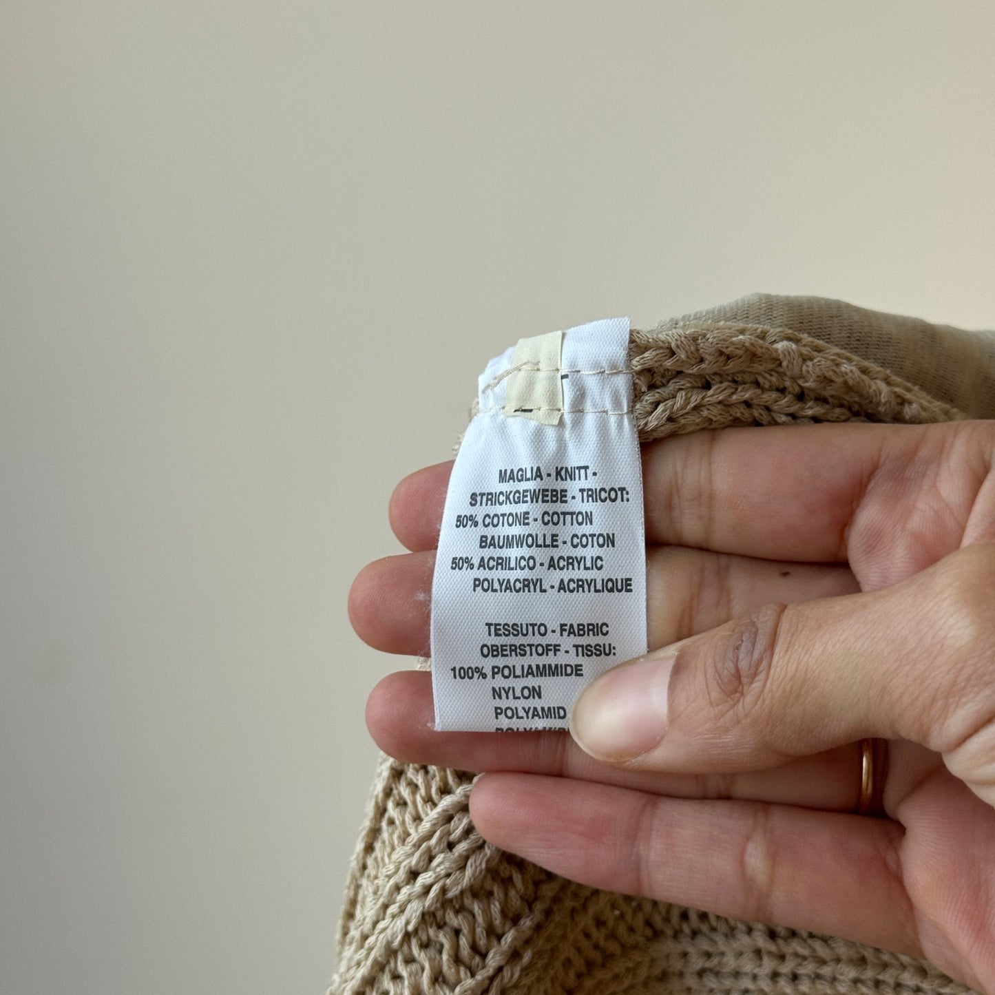 Italian vintage beige crochet knit cardigan with sheer mesh sleeves & ribbed knit cuffs (S)