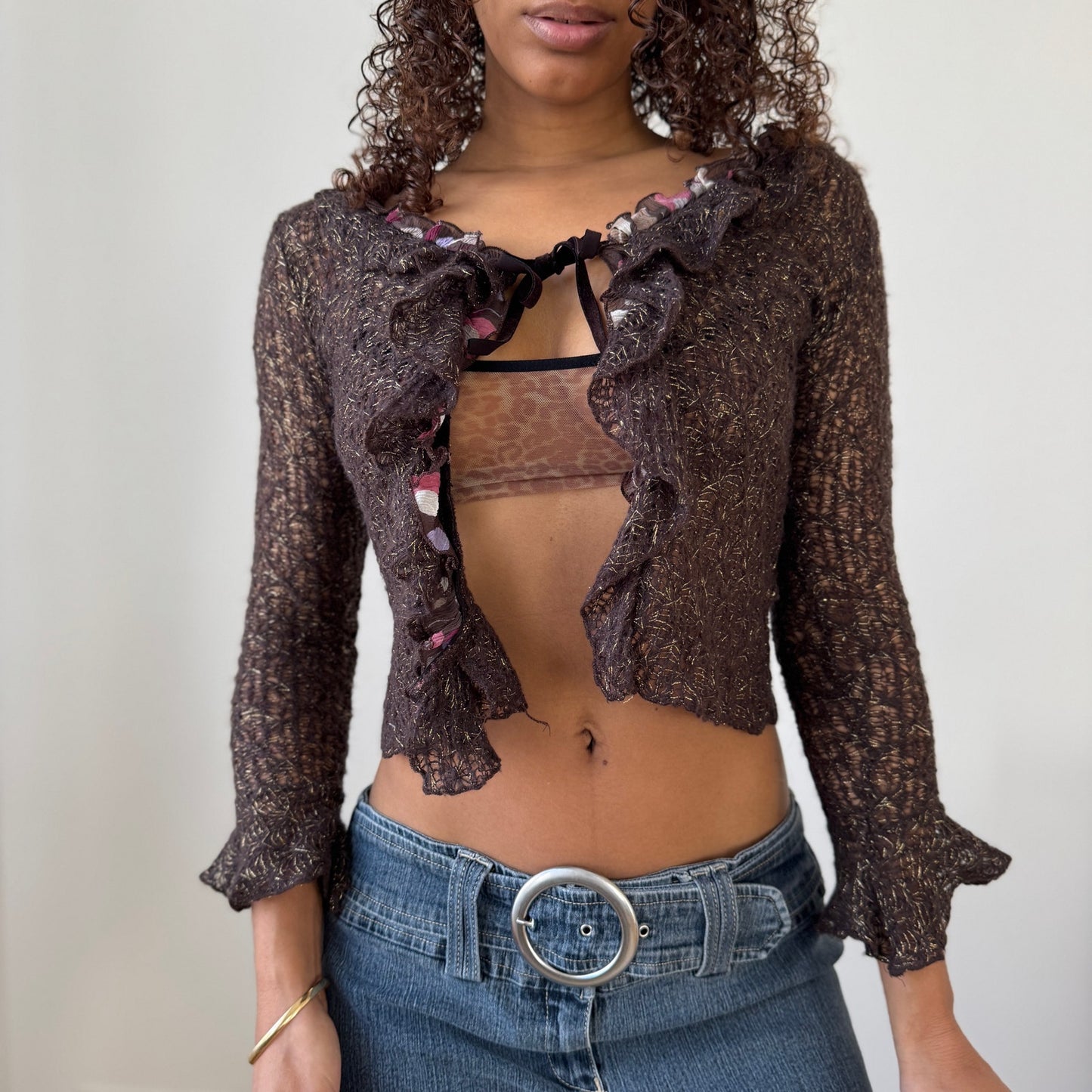 Vintage brown sheer mohair ruffle cardigan with gold metallic threads (XS)