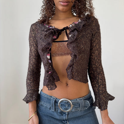Vintage brown sheer mohair ruffle cardigan with gold metallic threads (XS)