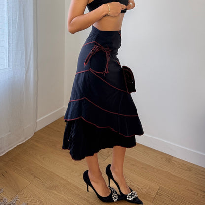 Vintage French Black Midi Skirt Red Contrast Stitch Asymmetrical Hem (XS)