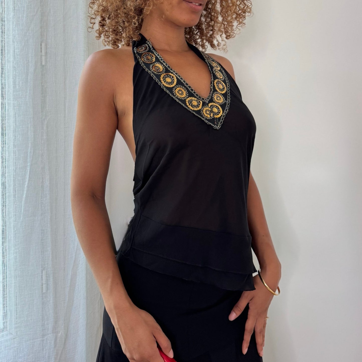 Vintage Black Gold Embroidered Sequin Halter Top Italian Y2K (S)