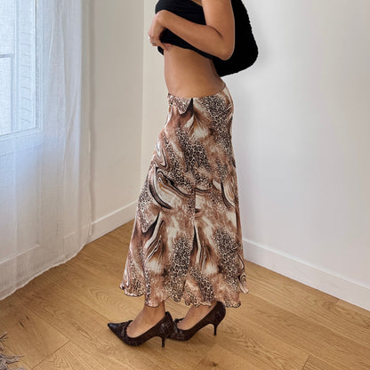 Vintage Italian Abstract Animal Print Mesh Midi Skirt Brown Neutral (S/M)