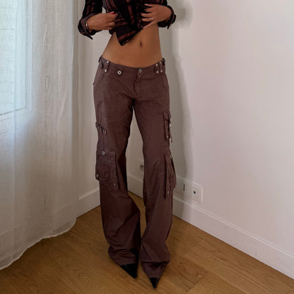 Italian Vintage Brown Low Rise Cargo Parachute Pants with Buckle Waist & Utility Pockets