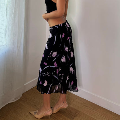 Vintage Black Pink Purple Floral Mesh Midi Skirt Euro Y2K (S)