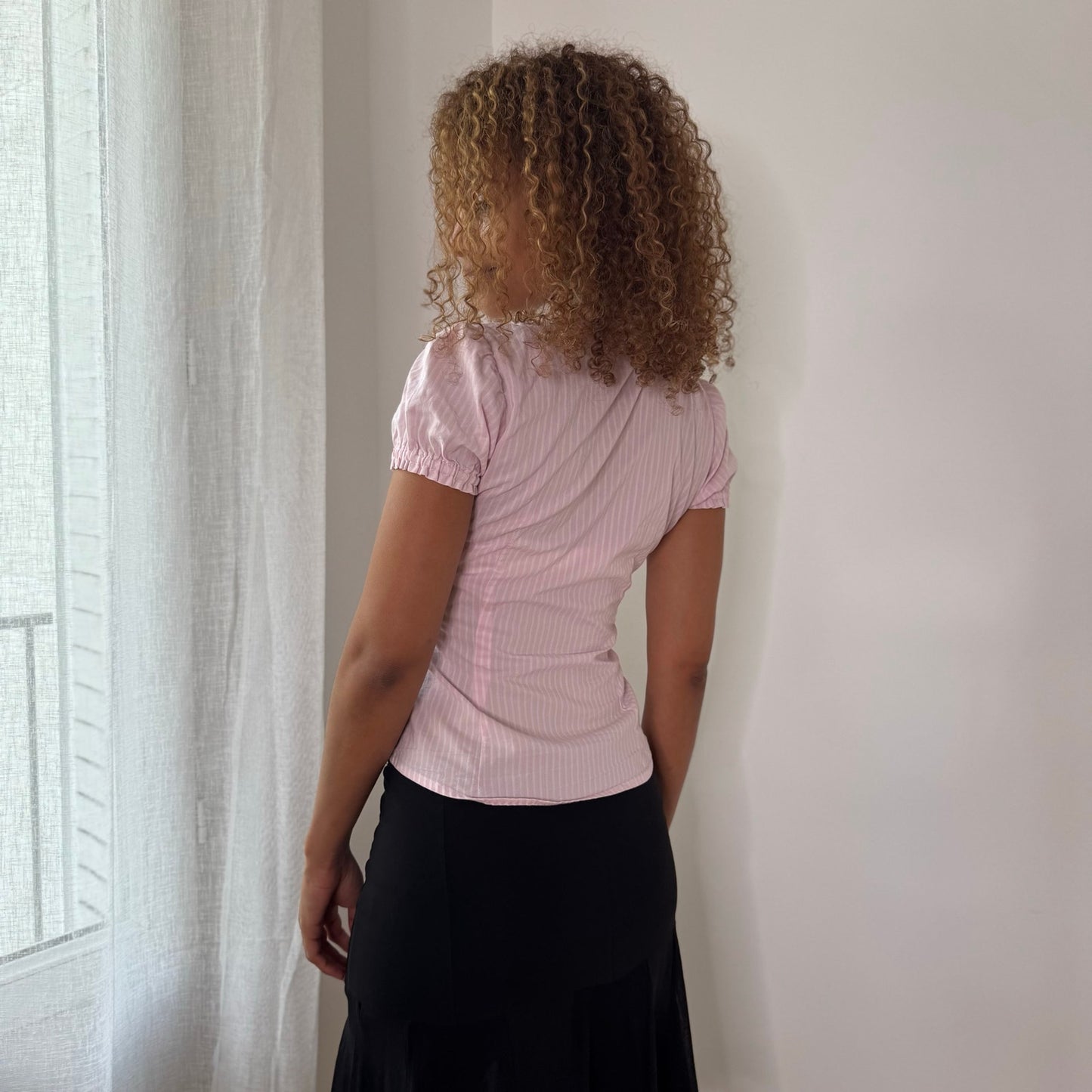 Vintage Pink White Striped Puff Sleeve Blouse Y2K (S)