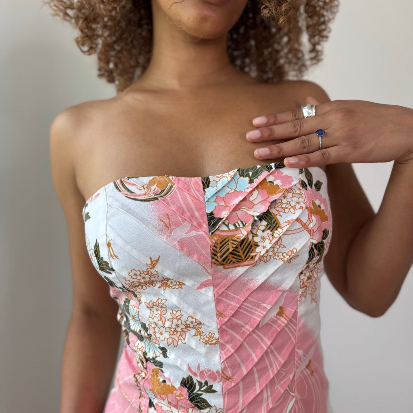 Vintage White Pink Floral Bustier & Pants Set Cotton Spanish Y2K (XS/S)