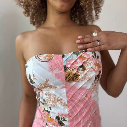 Vintage White Pink Floral Bustier & Pants Set Cotton Spanish Y2K (XS/S)