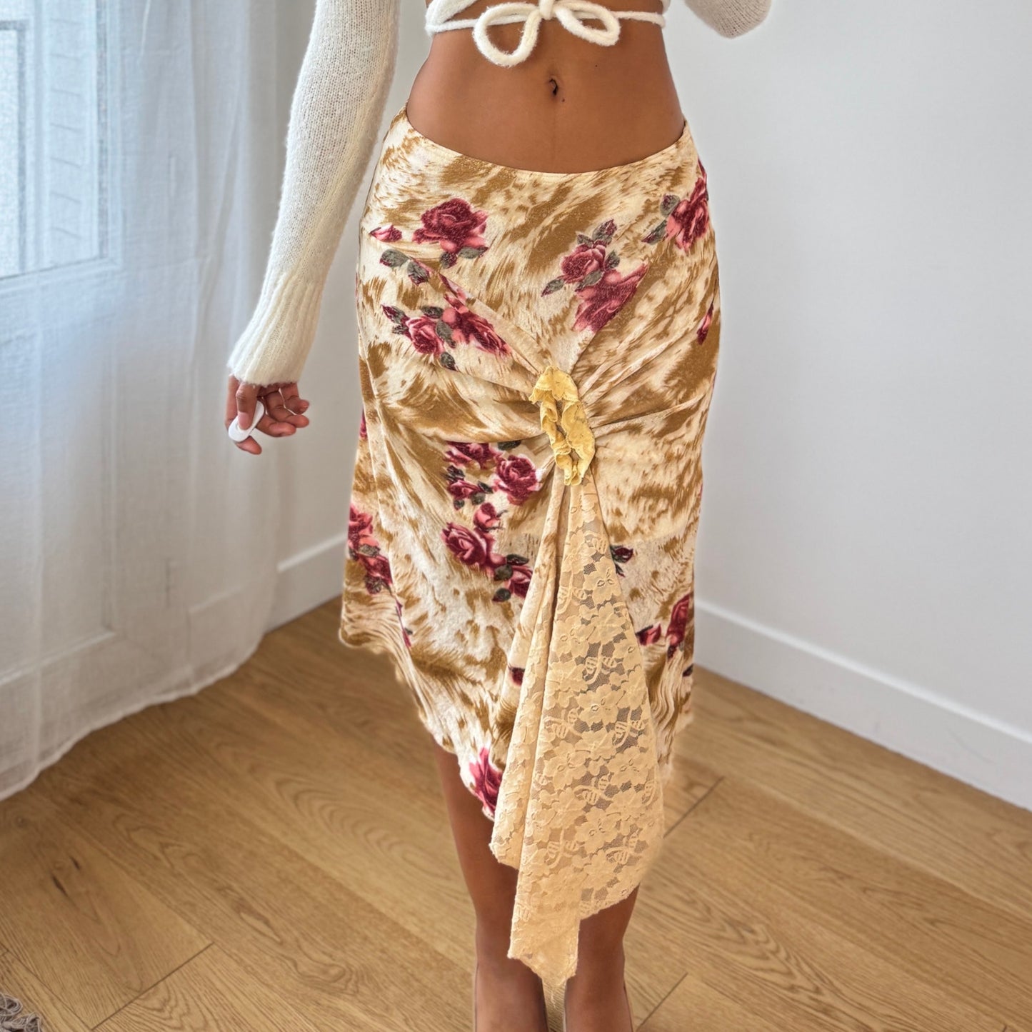 Vintage Italian tan floral mesh draped lace detail midi skirt (Small)