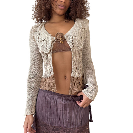 Vintage French knit cropped cardigan with sculpted waist & beaded applique Small