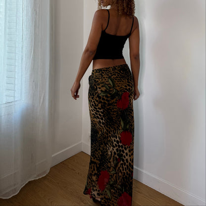 Italian Vintage Leopard Floral Mesh Maxi Skirt