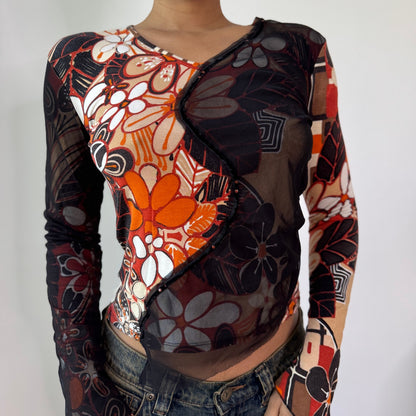 Vintage Brown Orange Abstract Slinky & Mesh Top (S/M) ⠀