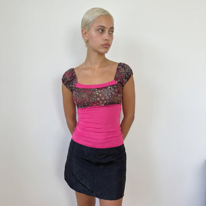 Vintage Pink Floral Mesh Tie Back Top Slinky Y2K Euro Cami (XS/S)
