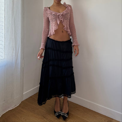 Vintage Italian Black Tiered Cotton Midi Skirt Lace Trim (S/M)