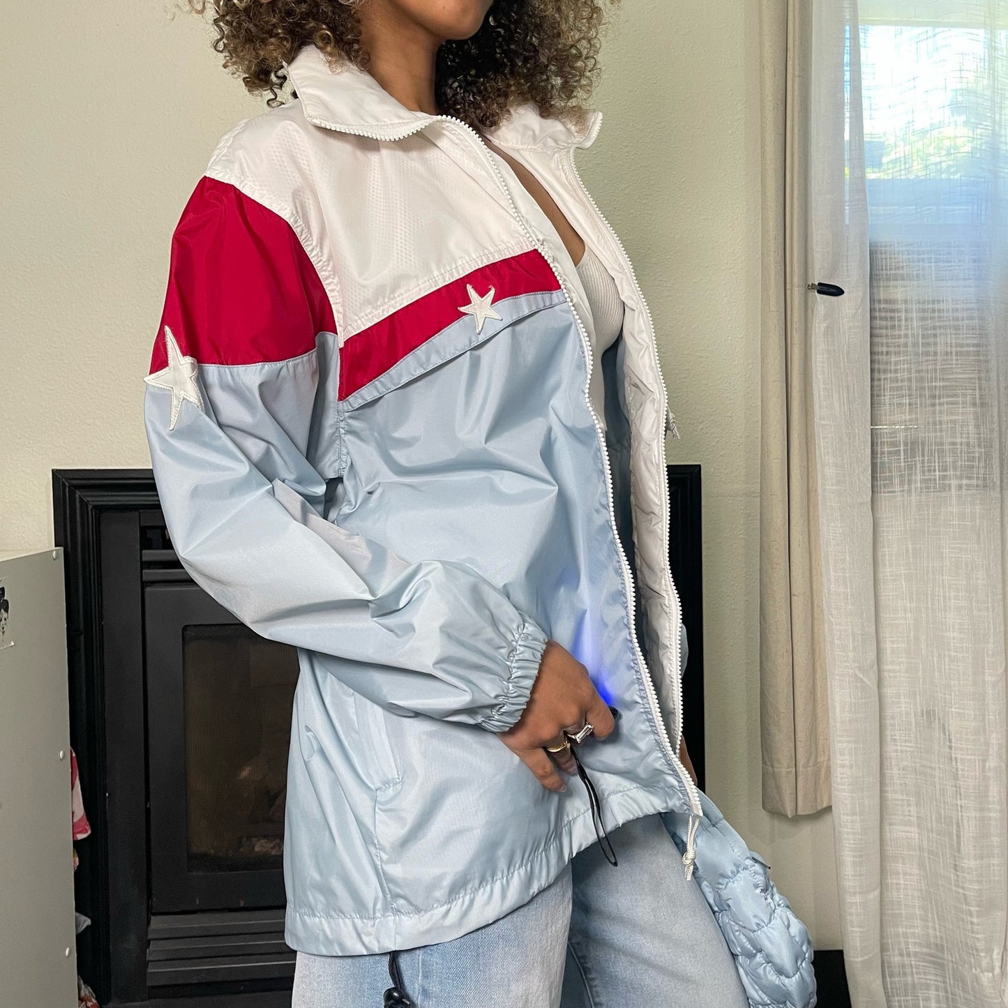 90s baby blue oversized sporty Swiss varsity windbreaker jacket (XS/S)