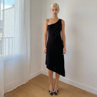 Vintage Italian Black Rhinestone Asymmetrical Midi Dress (S)