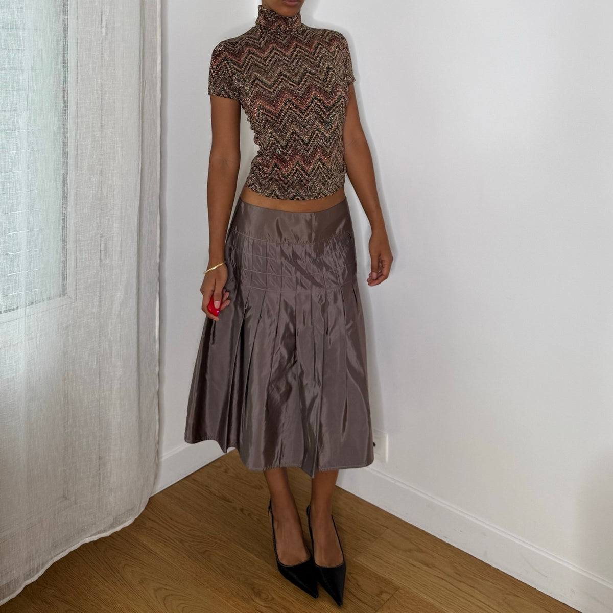 Italian Vintage Brown Burgundy Copper Metallic Chevron Zigzag Knit Short Sleeve Turtleneck Top
