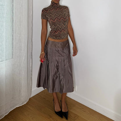 Italian Vintage Brown Burgundy Copper Metallic Chevron Zigzag Knit Short Sleeve Turtleneck Top