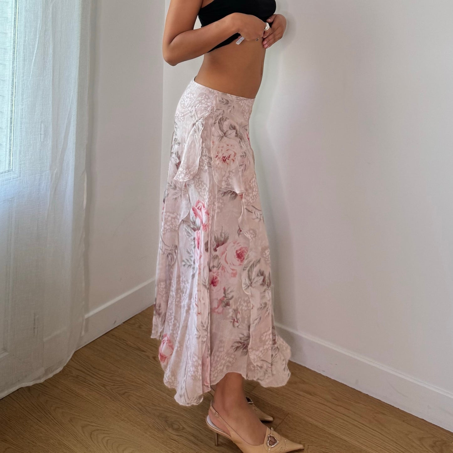 Vintage Blumarine Pink Floral Silk Maxi Skirt Ruffle Layer Italian Y2K (S)