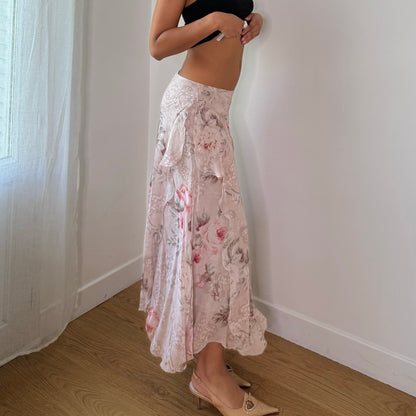 Vintage Blumarine Pink Floral Silk Maxi Skirt Ruffle Layer Italian Y2K (S)