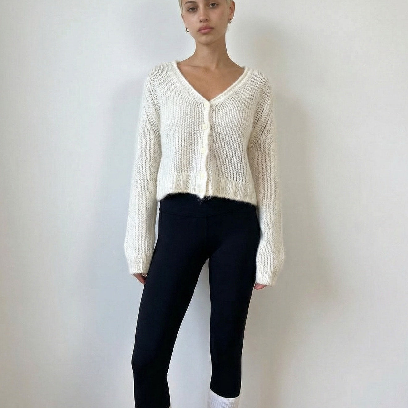 Vintage Ivory Mohair Blend Knit Cardigan Italian Minimal Y2K (M/L)