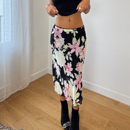 Euro Vintage black floral mesh midi skirt (Small)