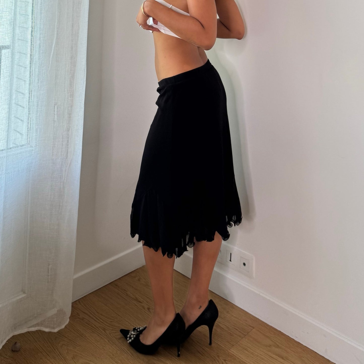 Vintage Black Mesh Ruffle Hem Midi Skirt Italian Y2K (S)
