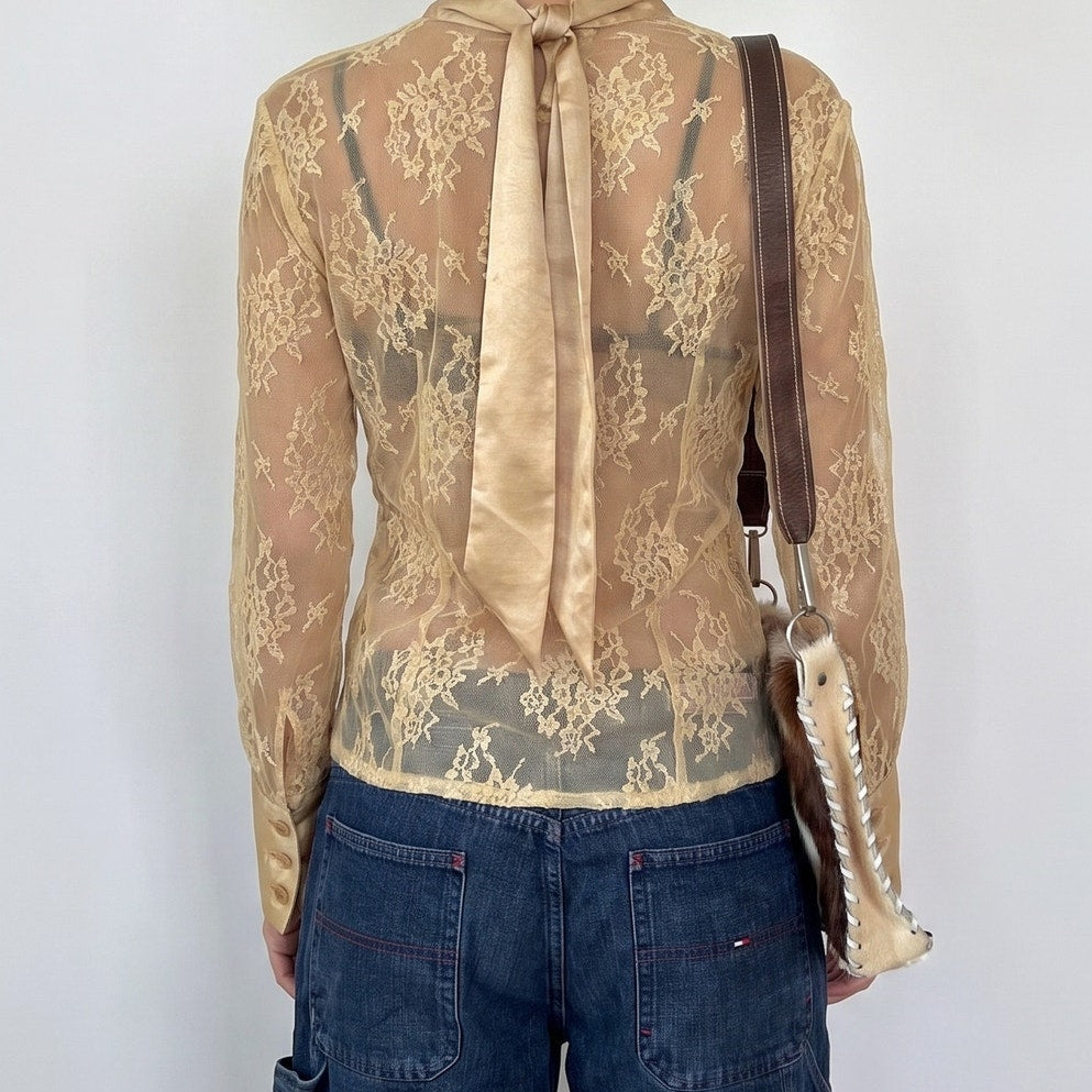 Vintage Euro Beige Floral Lace Mesh Button Up Blouse Y2K (S)
