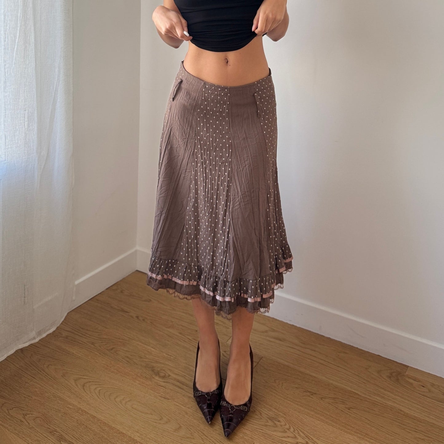 Vintage French Taupe Midi Skirt Polka Dot Panel Lace Trim (S)