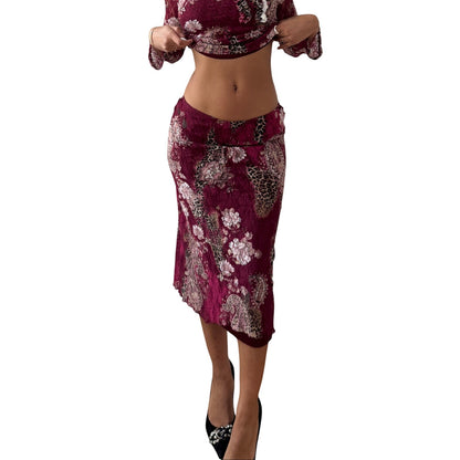 Vintage Burgundy Floral & Cheetah Lace Midi Skirt Y2K French (S)