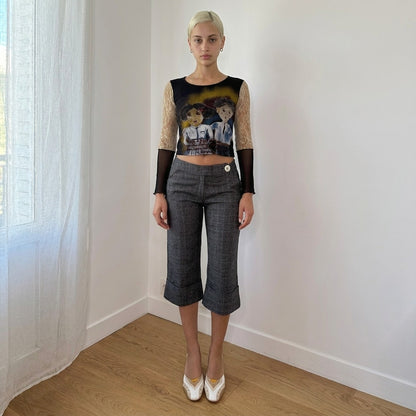 Vintage Misia Black Graphic Mesh Crop & Lace Sleeves (S)