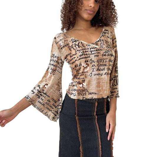 Vintage French Y2K Beige Script Print Mesh Flare Sleeve Top (S/M)