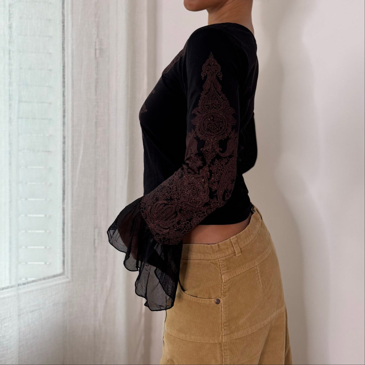 Misia Paris French vintage Y2K black illustrated portrait mesh top with brown lace print & sheer bell sleeves