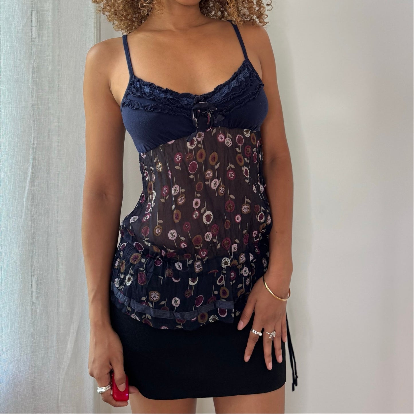 Vintage Navy Blue Floral Sheer Mesh Ruched Cami Top Euro Y2K (S)