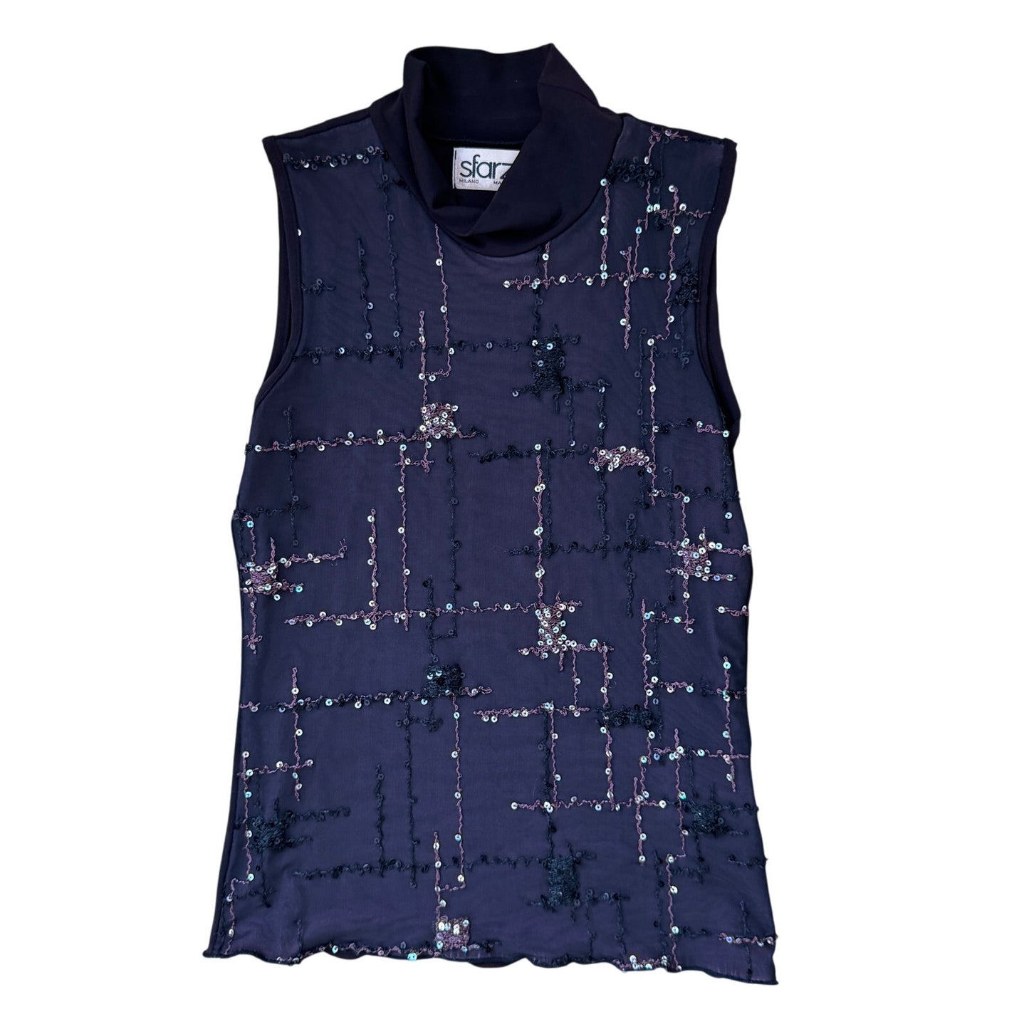 Vintage Italian black sequin embroidered mesh sleeveless top (Small)