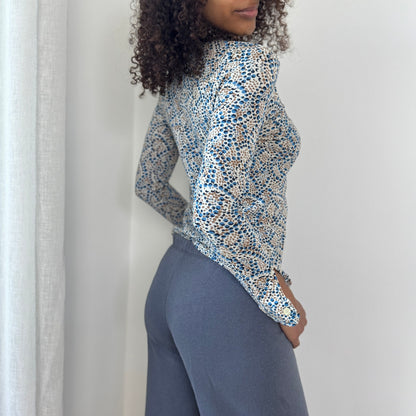 Vintage Italian Button-Up Mesh Blouse with Micro Dot Print (XS)