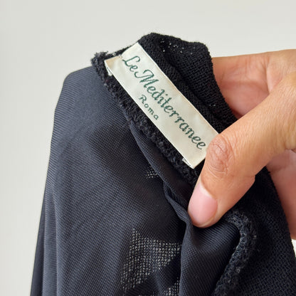 Italian Vintage black wool-appliqué flounce midi skirt (S)