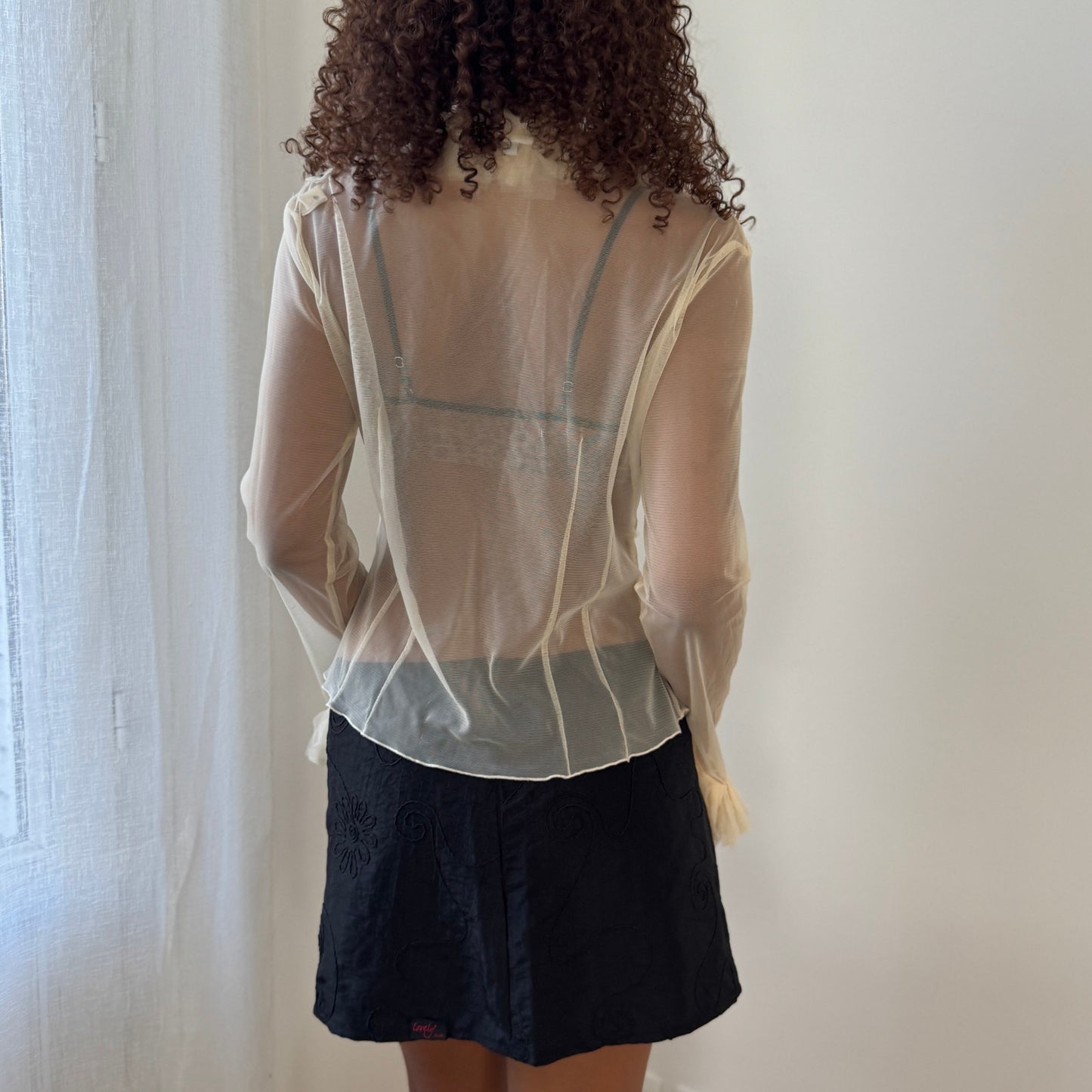 Vintage Italian cream ruffle applique sheer mesh tie-front top (Small/Medium)