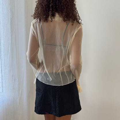 Vintage Italian cream ruffle applique sheer mesh tie-front top (Small/Medium)