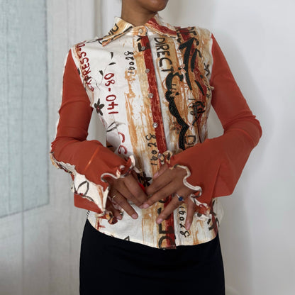 Sonia Fortuna Italian vintage rust orange graphic print mesh top with sequins, embroidery and ribbon panel back
