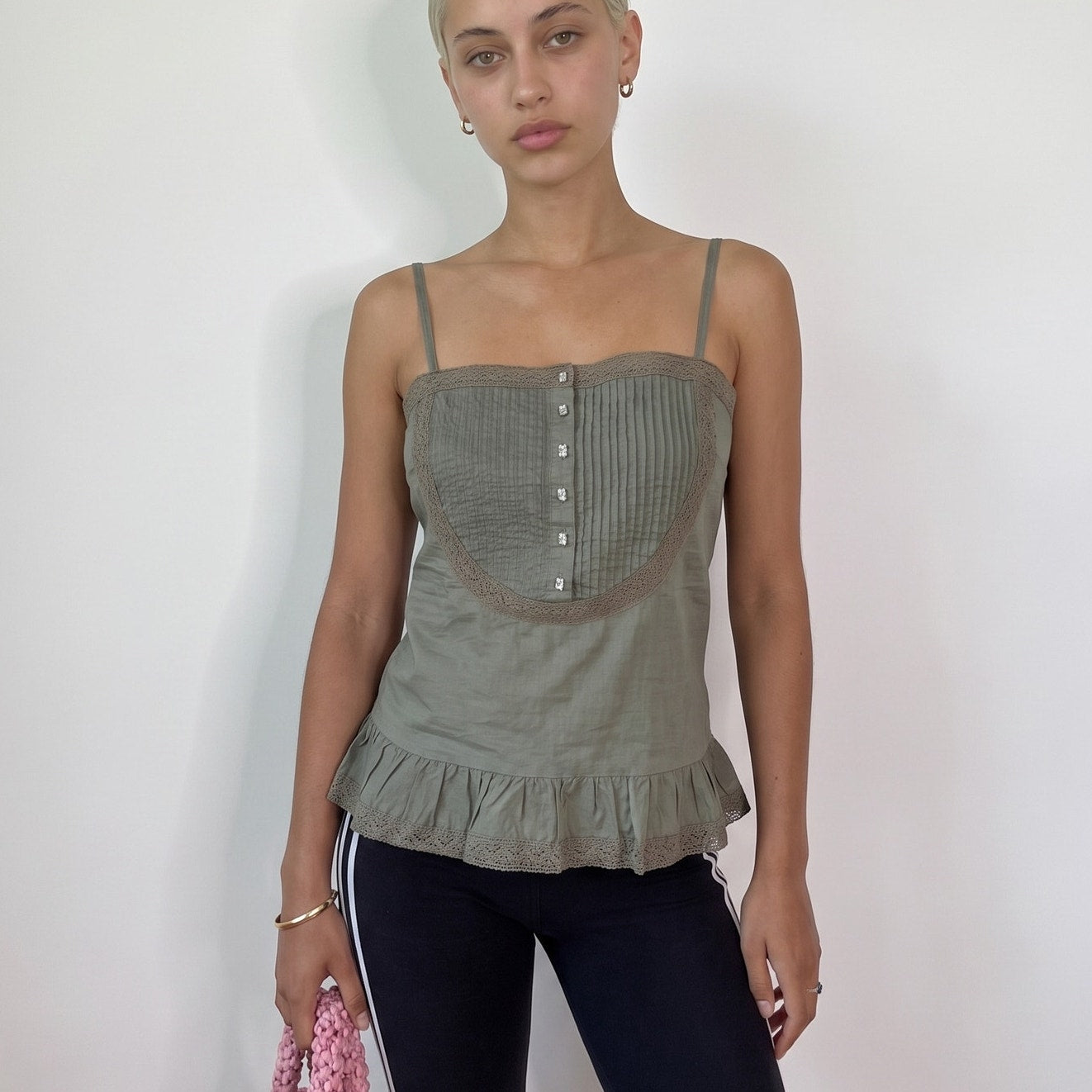 Vintage Sage Green Cotton Cami Top Lace Trim Ruffle Hem Italian Y2K (S/M)